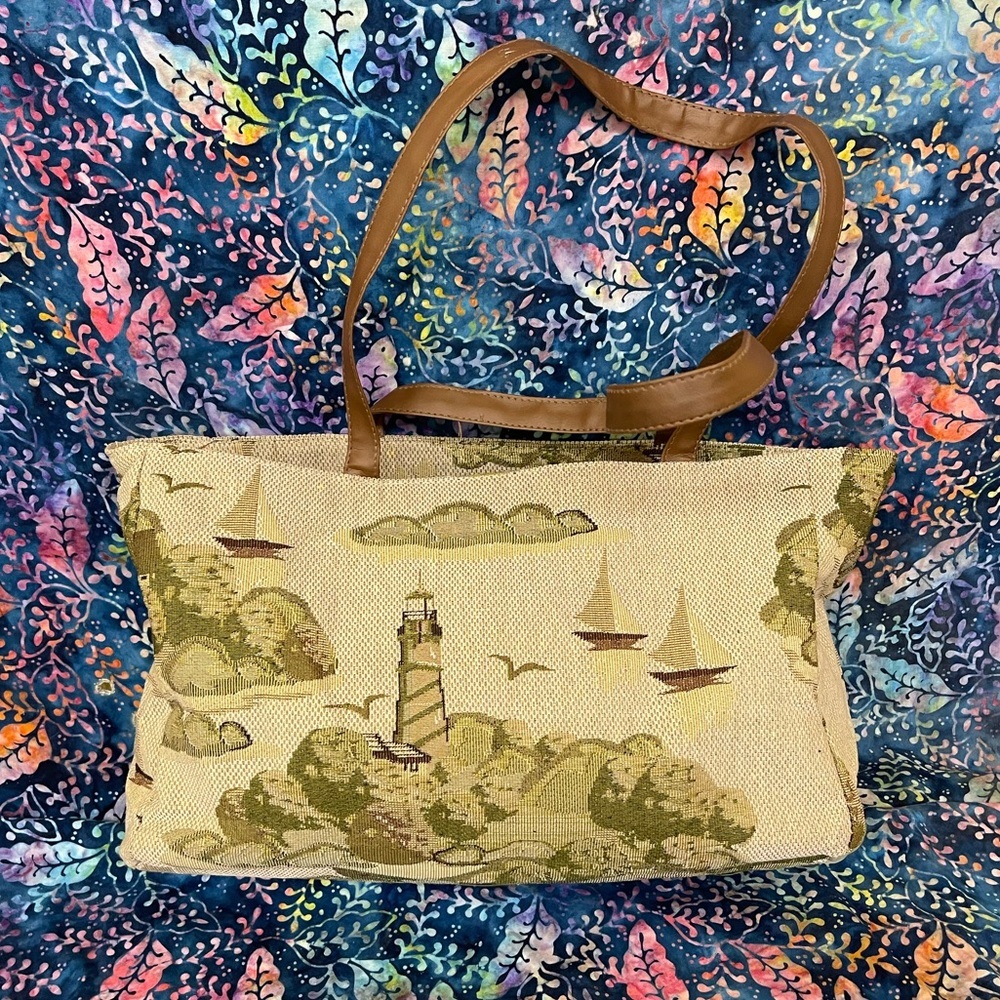Vintage Lighthouse and sailboat tapestry bag Large